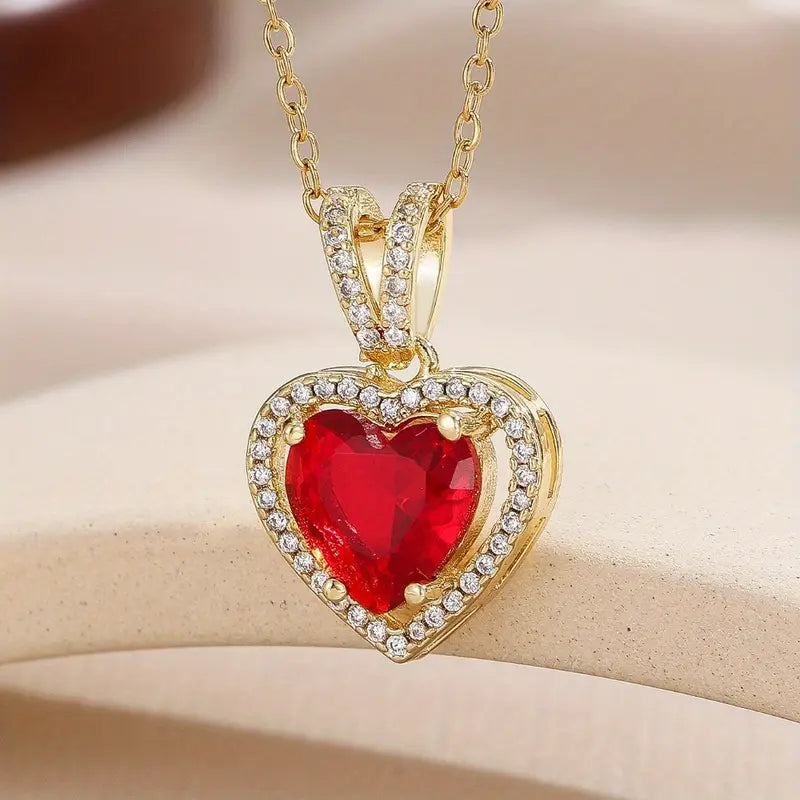 Gold Ruby Heart Pendant Necklace