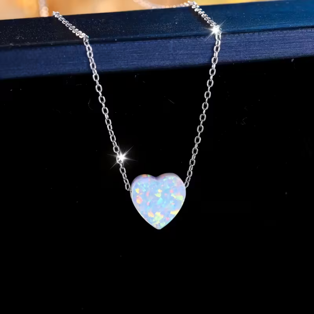 Minimalist Silver Heart Opal Pendant Necklace