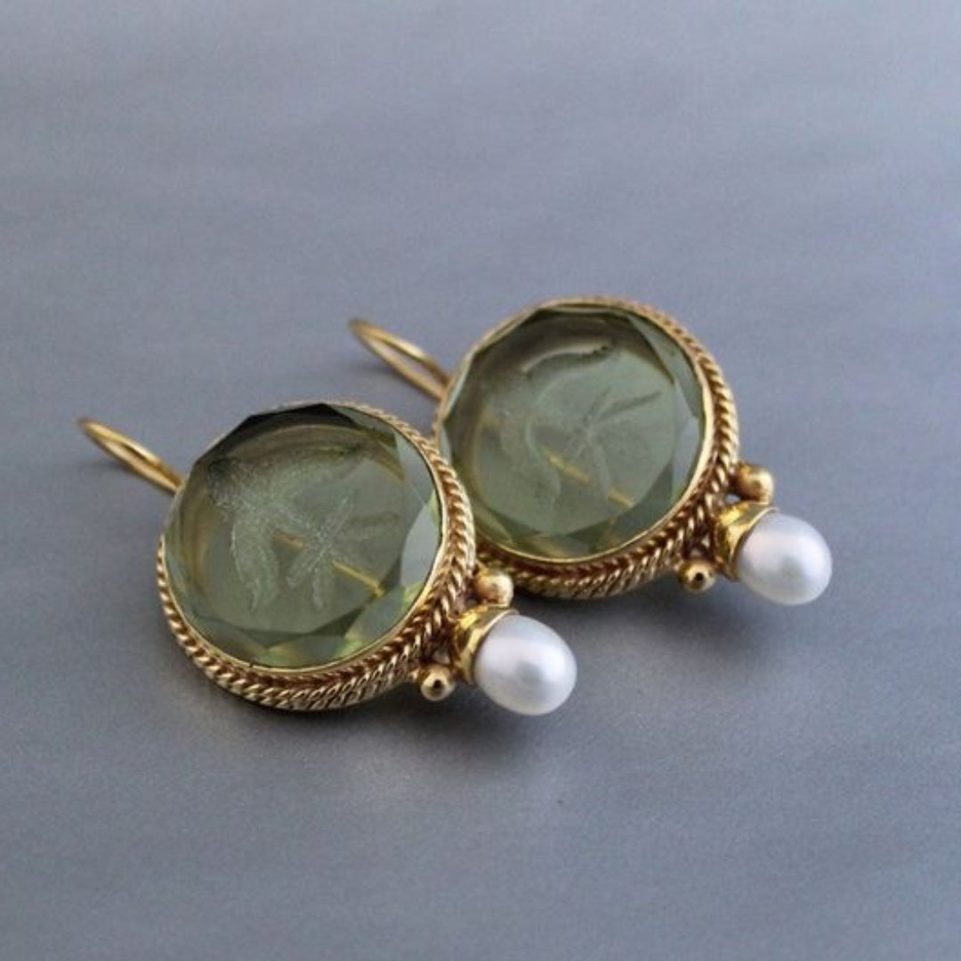Vintage Rounded Greenstone Bead Earrings