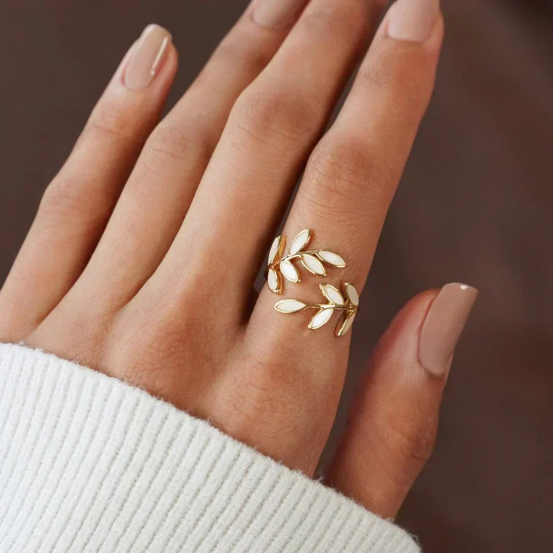 Adjustable White Opal Leaf Ring