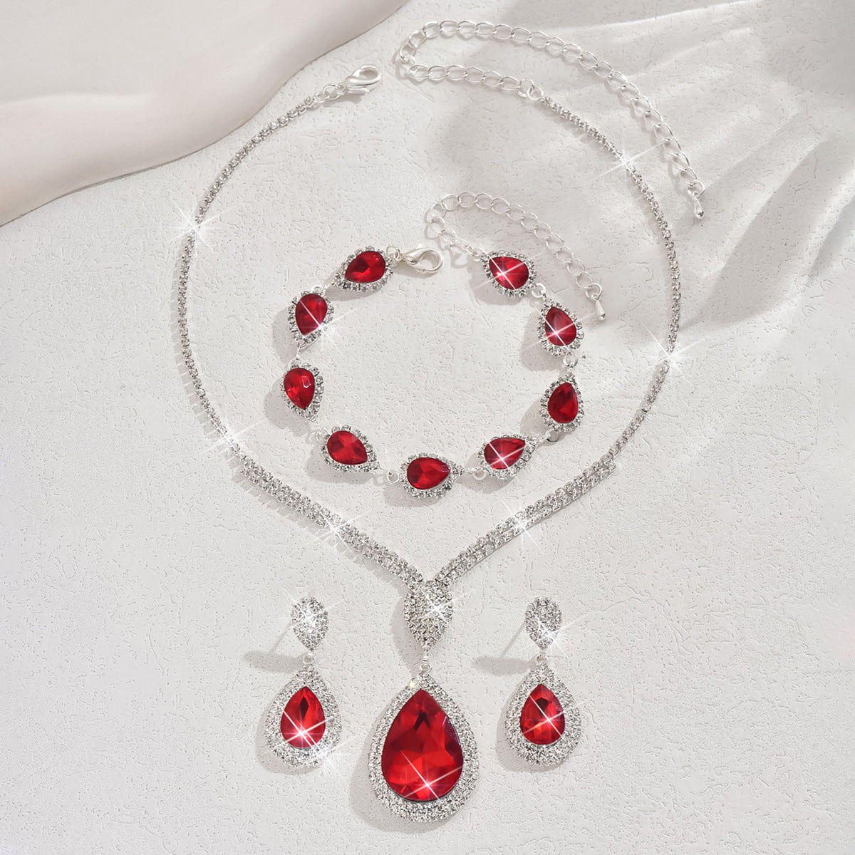 Silver Ruby Teardrop Jewelry Set