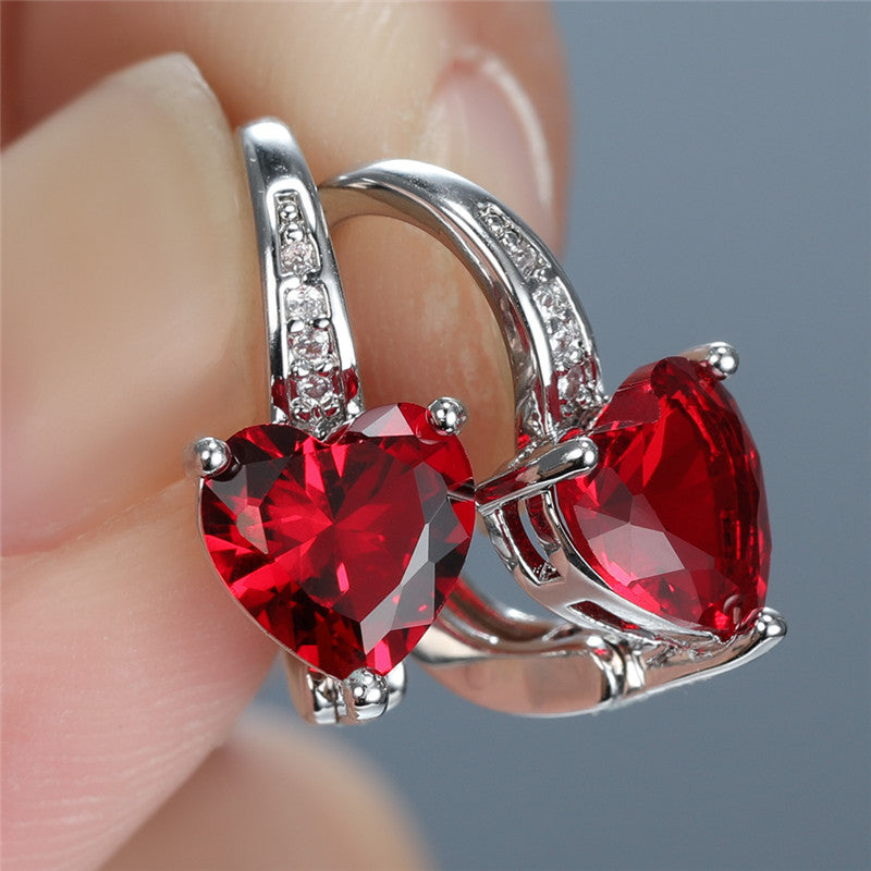 Silver Ruby Heart Hoop Earrings
