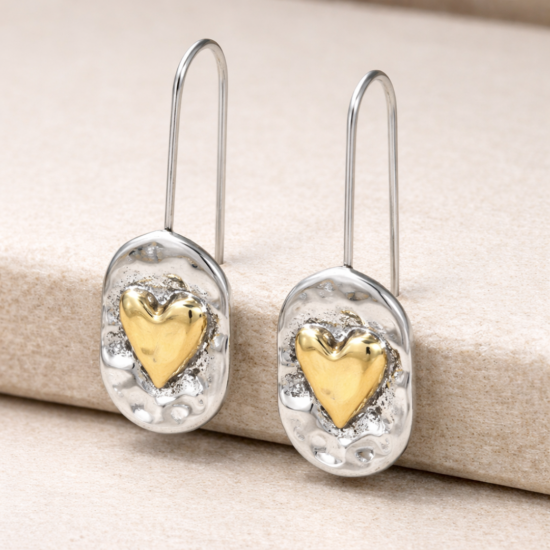Vintage Golden Heart Silver Earrings