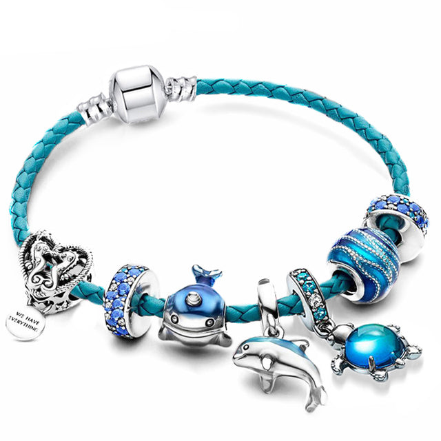 Ocean Style Bracelet + Charms made of Leather and Silver Included