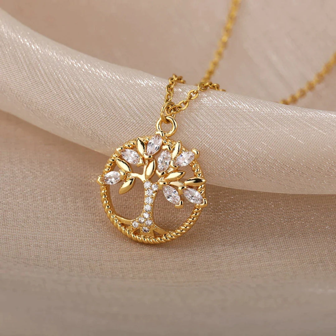 Gold Necklace with Tree of Life Pendant and Crystals