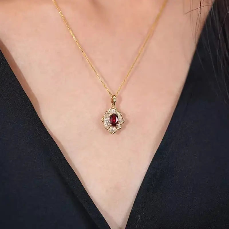 Gold Ruby Floral Pendant Necklace