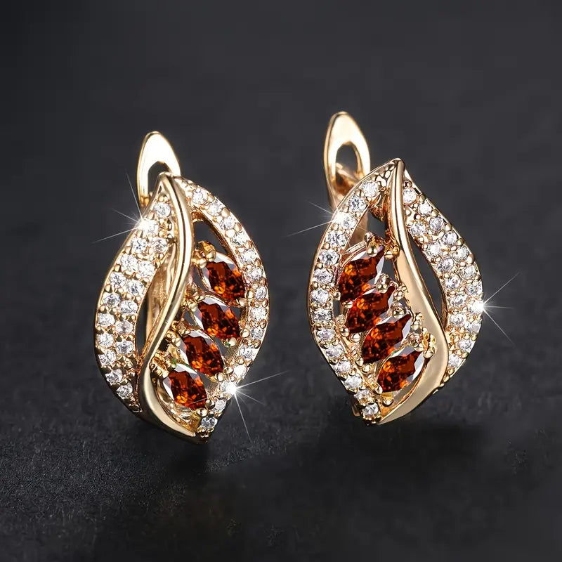 Gold Ruby Leaf Drop Earrings