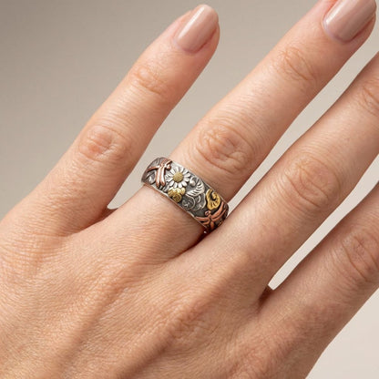 Handmade Dragonfly & Sunflower Vintage Silver Ring