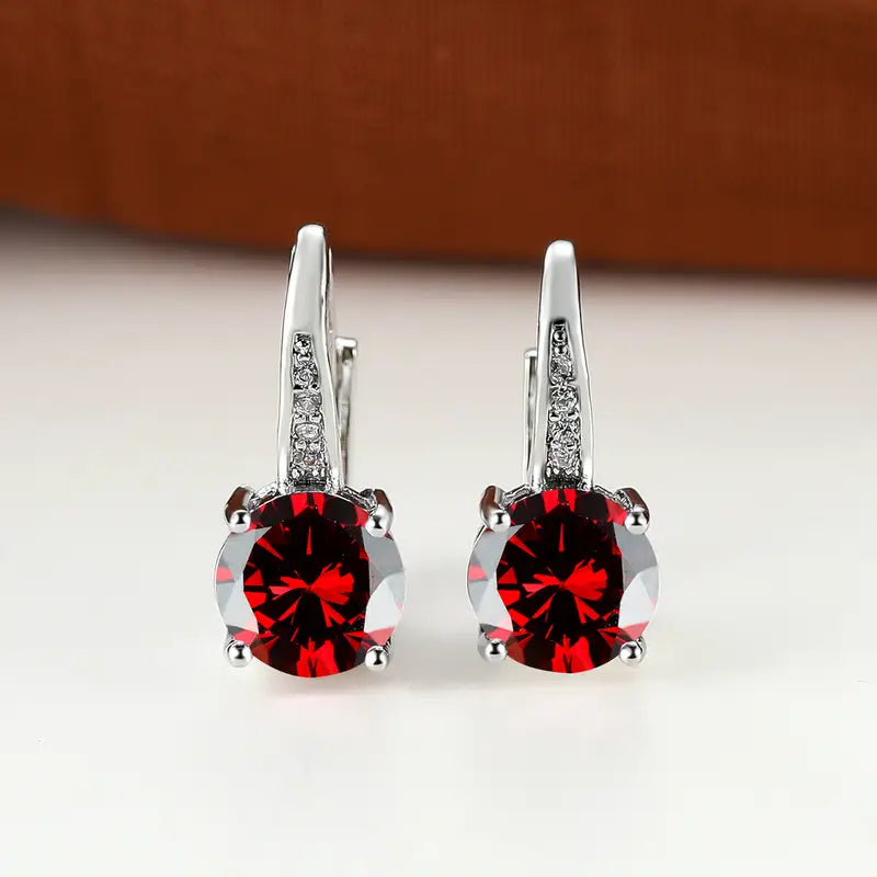 Silver Ruby Round Drop Earrings