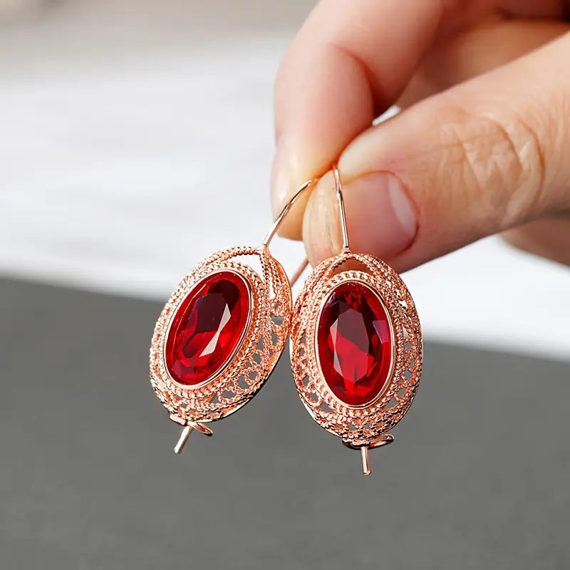 Gold Ruby Filigree Drop Earrings