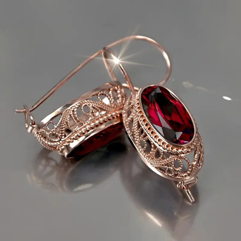Gold Ruby Filigree Drop Earrings