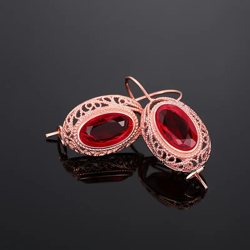 Gold Ruby Filigree Drop Earrings