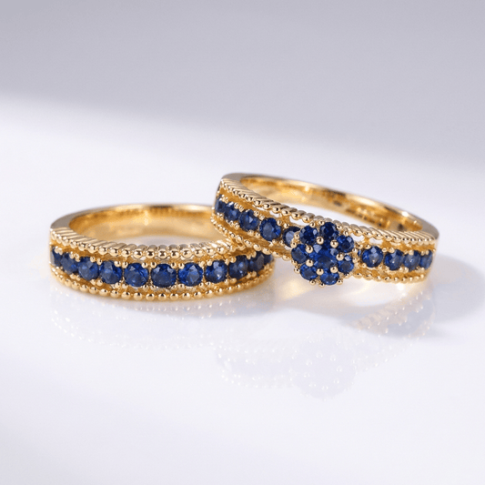 Blue Sapphire Gold Stacking Band Set