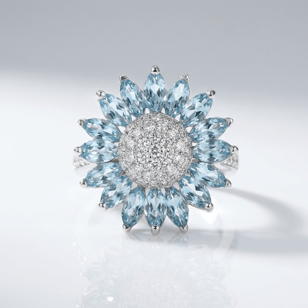 Silver Blue Topaz Flower Ring