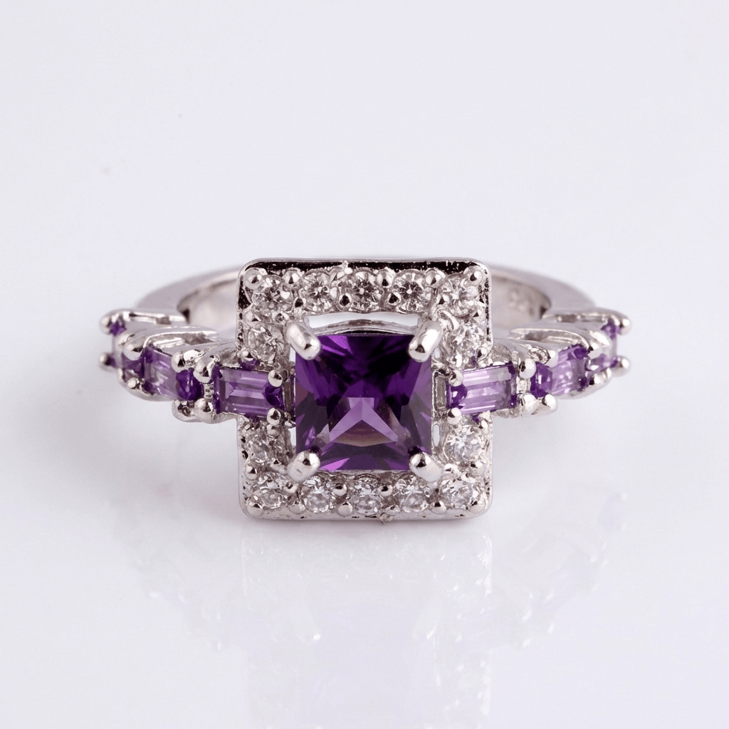 Silver Purple Gemstone Square Ring