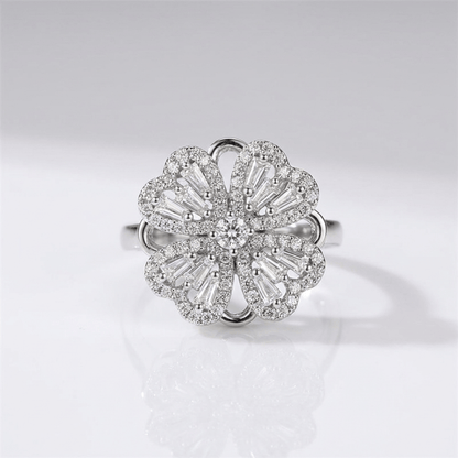 Baguette Zirconia Rotating Flower Ring - (Adjustable)