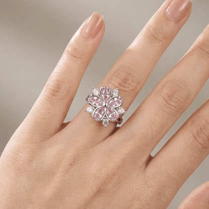 Pink Cherry Blossom Crystal Silver Ring - (Adjustable)