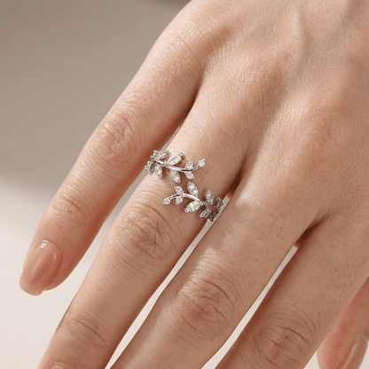 Crystal Leaf Vine Silver Ring - (Adjustable)