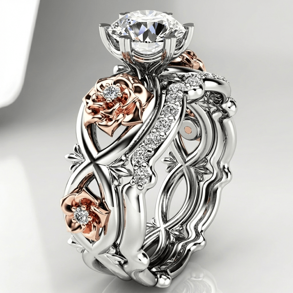 Silver Rose Gold Diamond Floral Ring