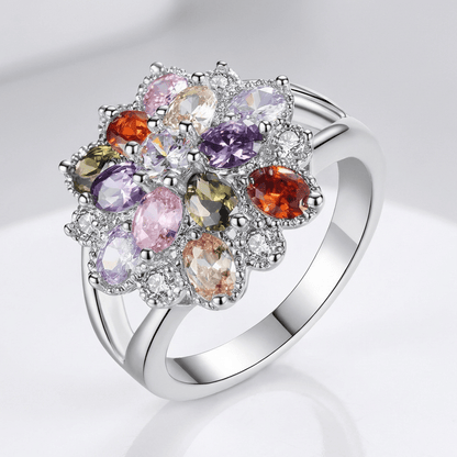 Silver Rainbow Gemstone Burst Ring