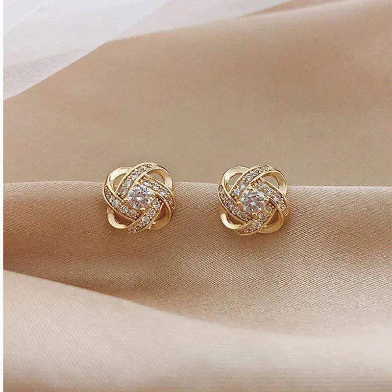 Spiral Floral Gold Stud Earrings with Crystals