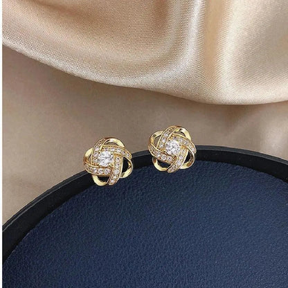 Spiral Floral Gold Stud Earrings with Crystals