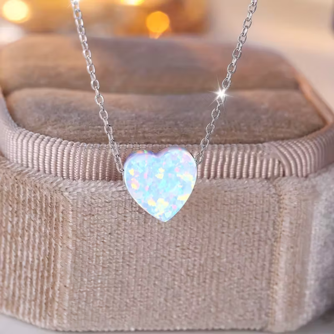 Minimalist Silver Heart Opal Pendant Necklace