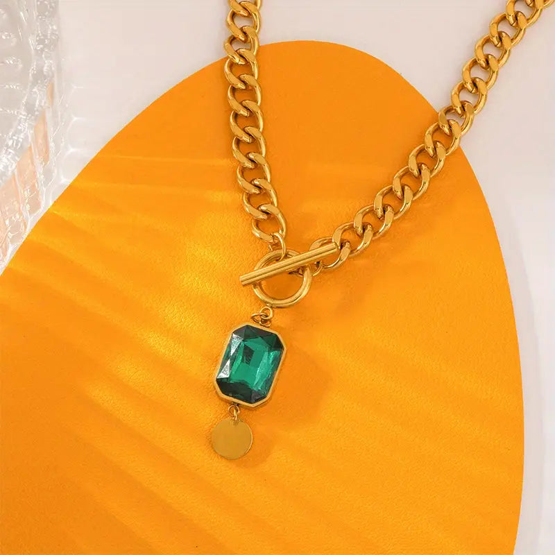 Massive Chain Necklace with Emerald Pendant | Gold