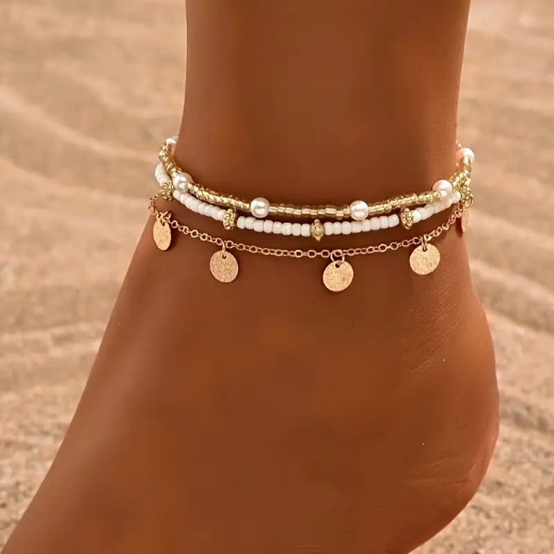 Coastal Charm – Set of 3 Layered Anklets