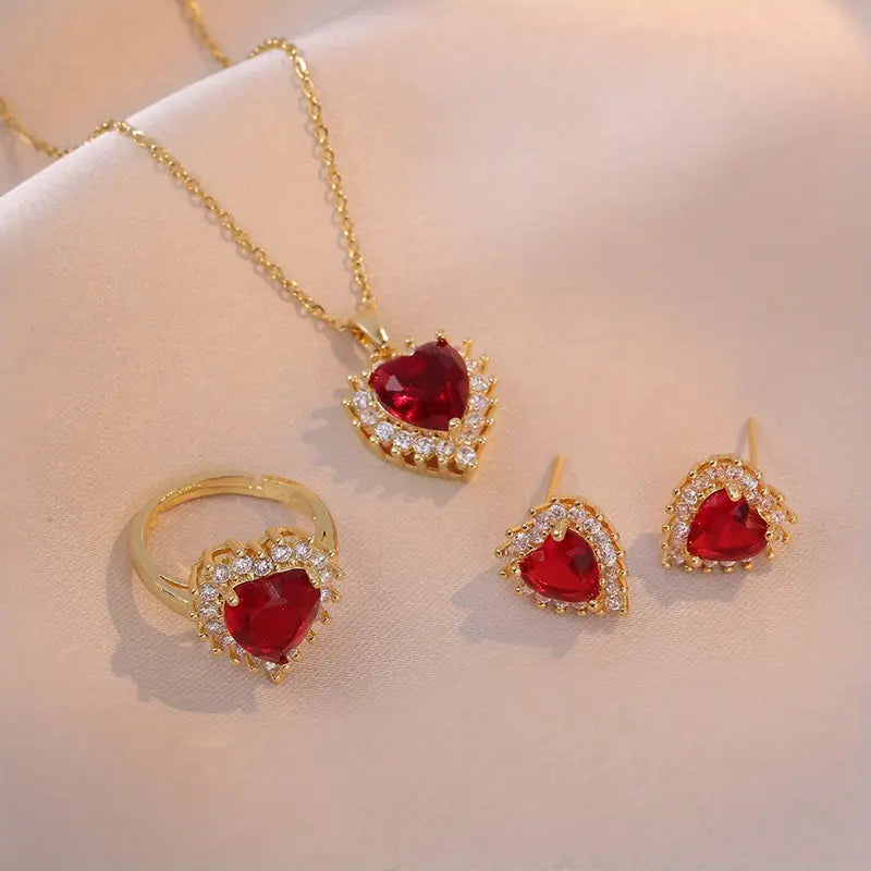 Gold Ruby Heart Jewelry Set