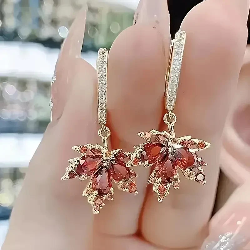 Zirconia Leaf Gold Earrings