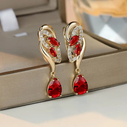 Gold Ruby Teardrop Drop Earrings