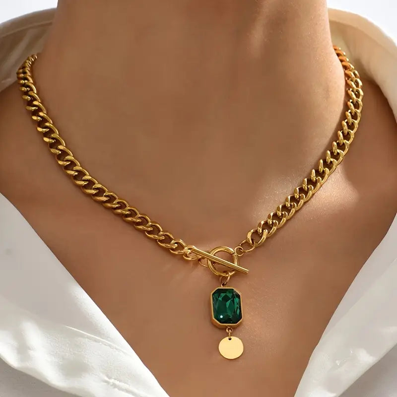 Massive Chain Necklace with Emerald Pendant | Gold