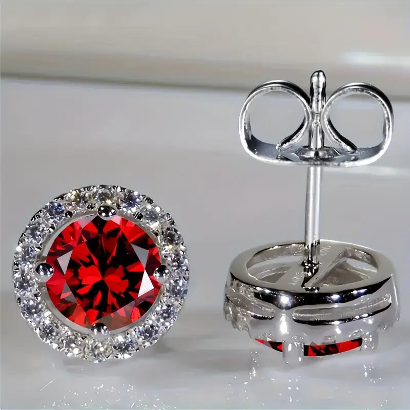 Silver Ruby Halo Stud Earrings