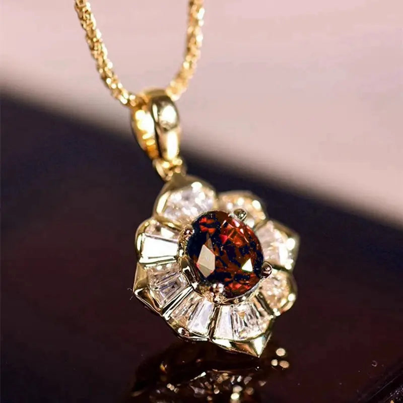 Gold Ruby Floral Pendant Necklace