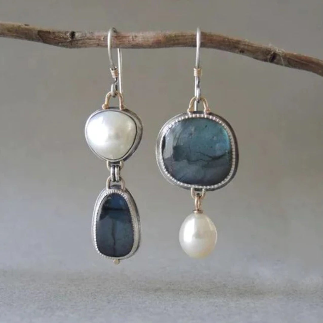 Vintage Blue Natural Stone with Beads Earrings