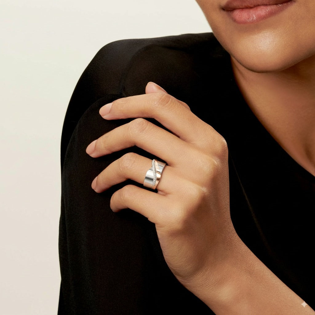 Vintage rose gold and silver ring with zirconium