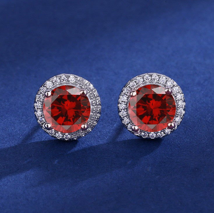 Silver Ruby Halo Stud Earrings
