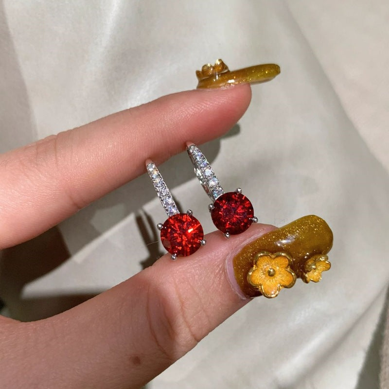 Silver Ruby Round Drop Earrings