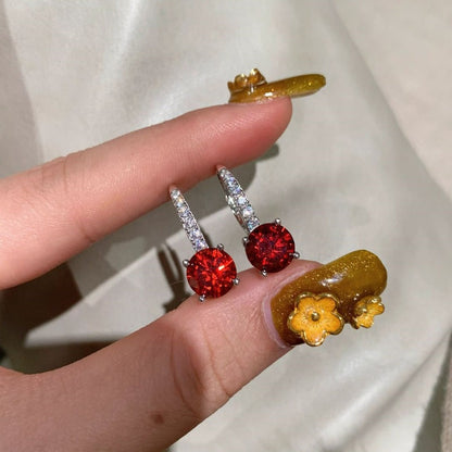 Silver Ruby Round Drop Earrings