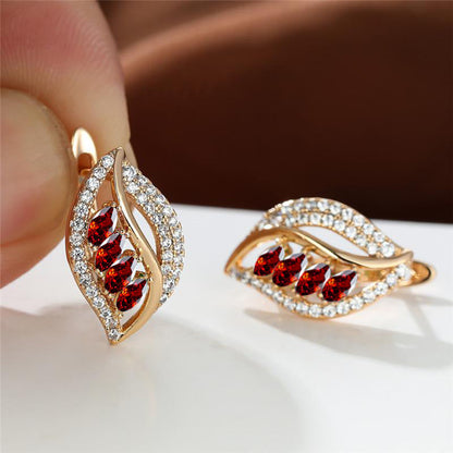 Gold Ruby Leaf Drop Earrings