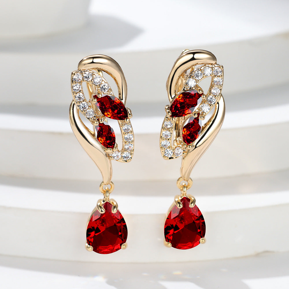 Gold Ruby Teardrop Drop Earrings