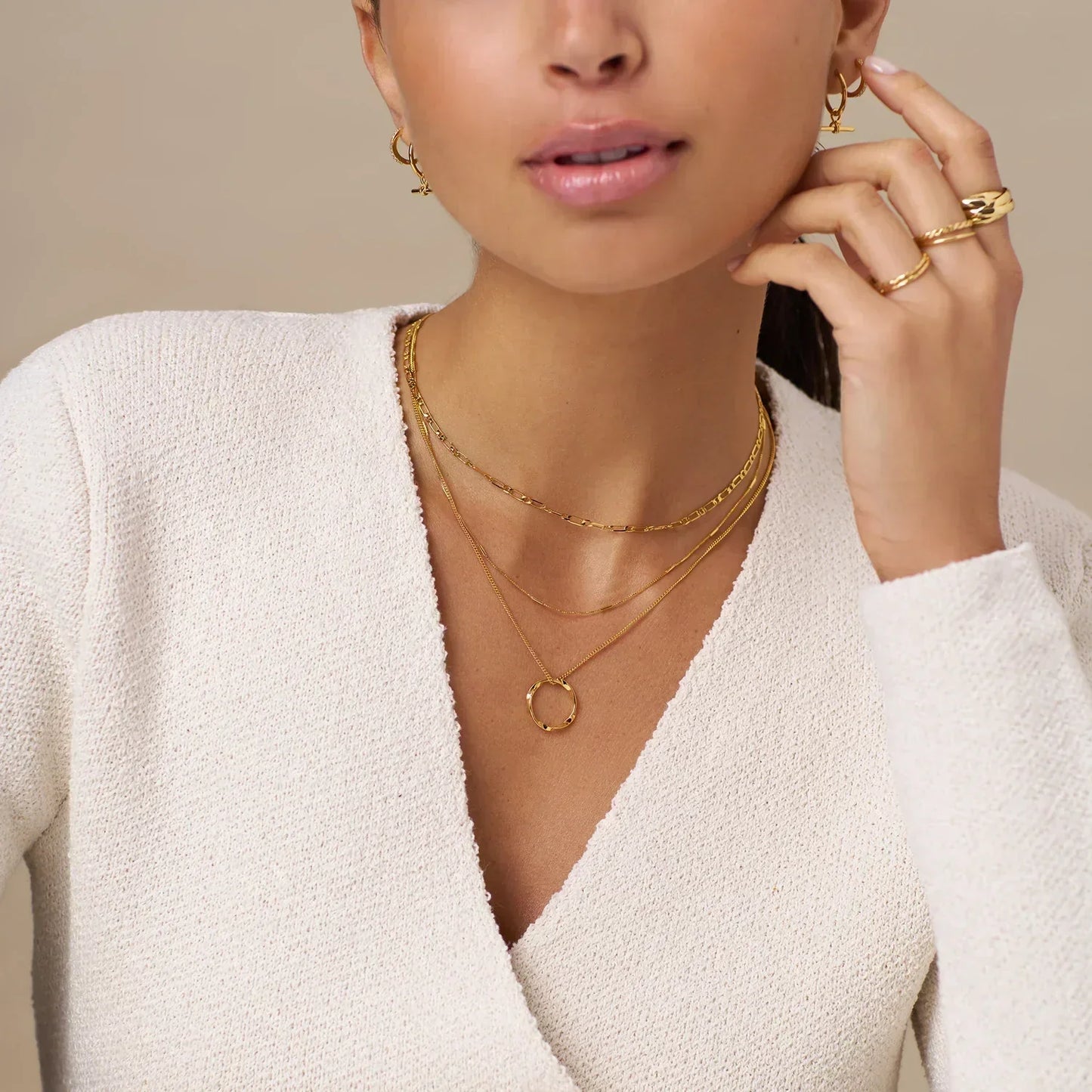 Three Row Open Circle Necklace | Gold