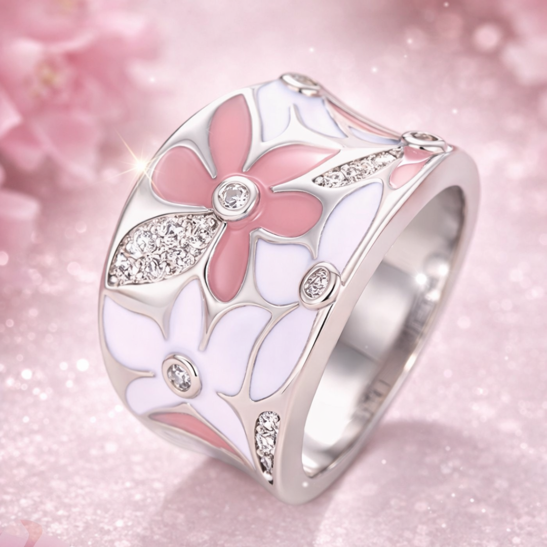 Vintage Pink Flower Silver Ring