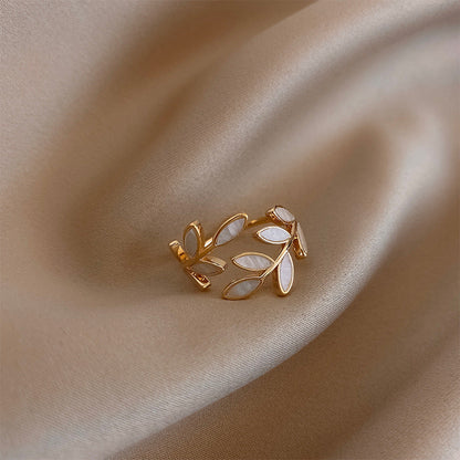 Adjustable White Opal Leaf Ring