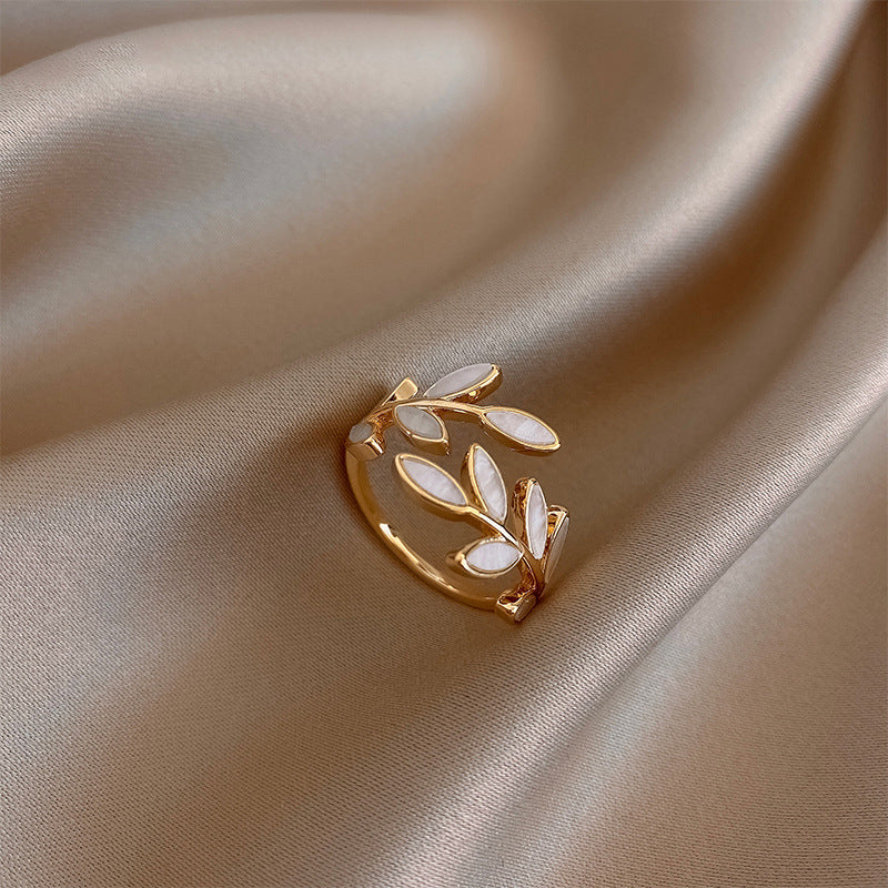 Adjustable White Opal Leaf Ring