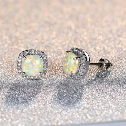 Elegant Silver Earrings with Round White Fire Opal