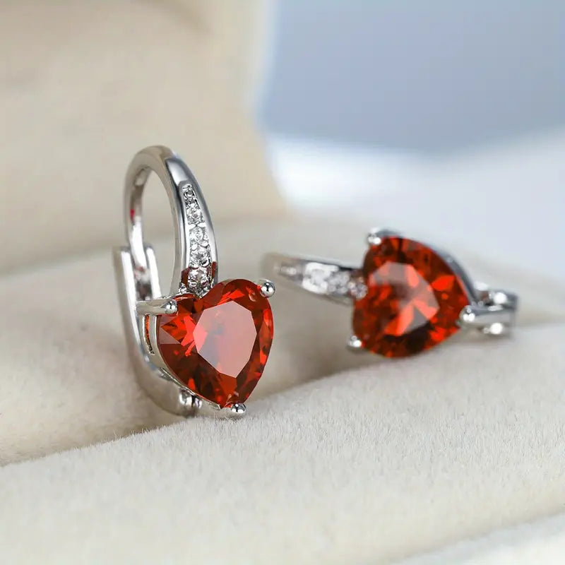 Silver Ruby Heart Hoop Earrings