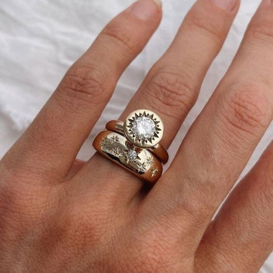 Set of Forged Crystal Gold Rings in Vintage Look
