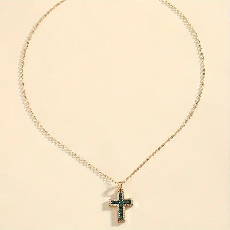 Solene Gold Necklace with Cross Pendant and Emerald